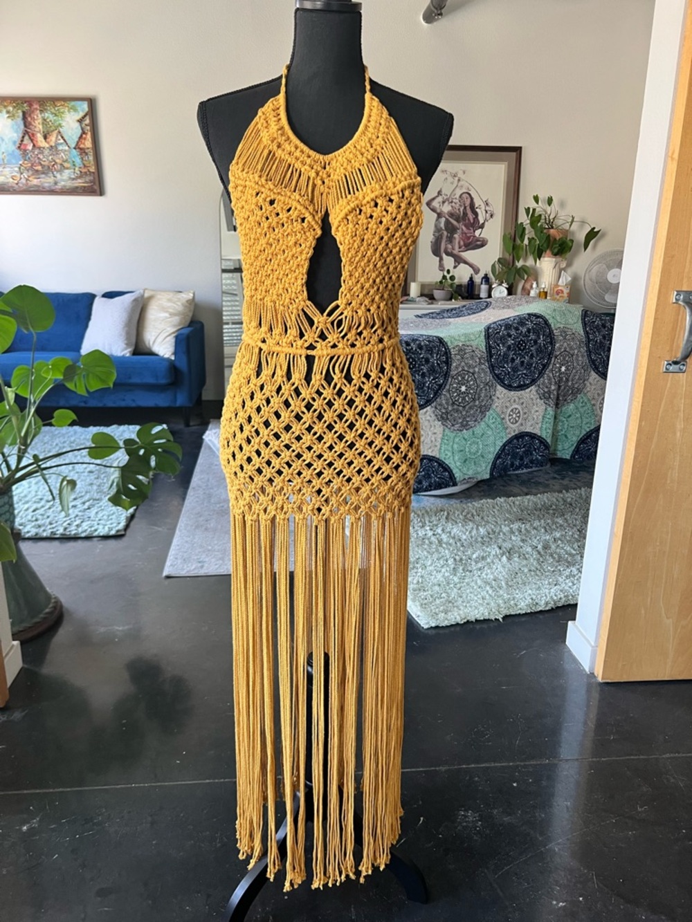 Handmade in Tulum Mustard Yellow Crochet Halter Fringe Maxi Dress